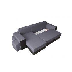 Canapé d'angle HYGGE + pouf PU noir tissu anthraite convertible 3 places