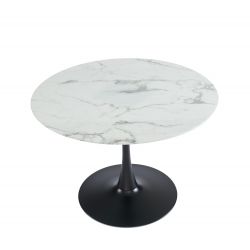 Table de séjour MONIKA 110cm verre trempé effet marbrepied en métal noir