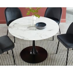 Table de séjour MONIKA 110cm verre trempé effet marbrepied en métal noir