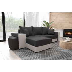Canapé d'angle HYGGE + etagere PU blanc tissu gris convertible 3 places