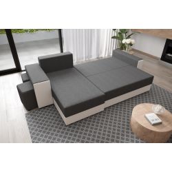 Canapé d'angle HYGGE + etagere PU blanc tissu gris convertible 3 places