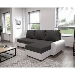 Canapé d'angle LAGOM PU blanc tissu gris convertible 5 places