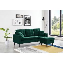 Canapé D'angle MIRISA Velours Vert - 3 places Pieds Bois 2 coussins inclus