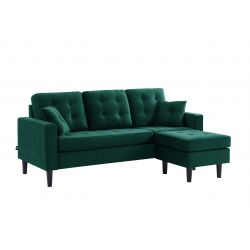Canapé D'angle MIRISA Velours Vert - 3 places Pieds Bois 2 coussins inclus