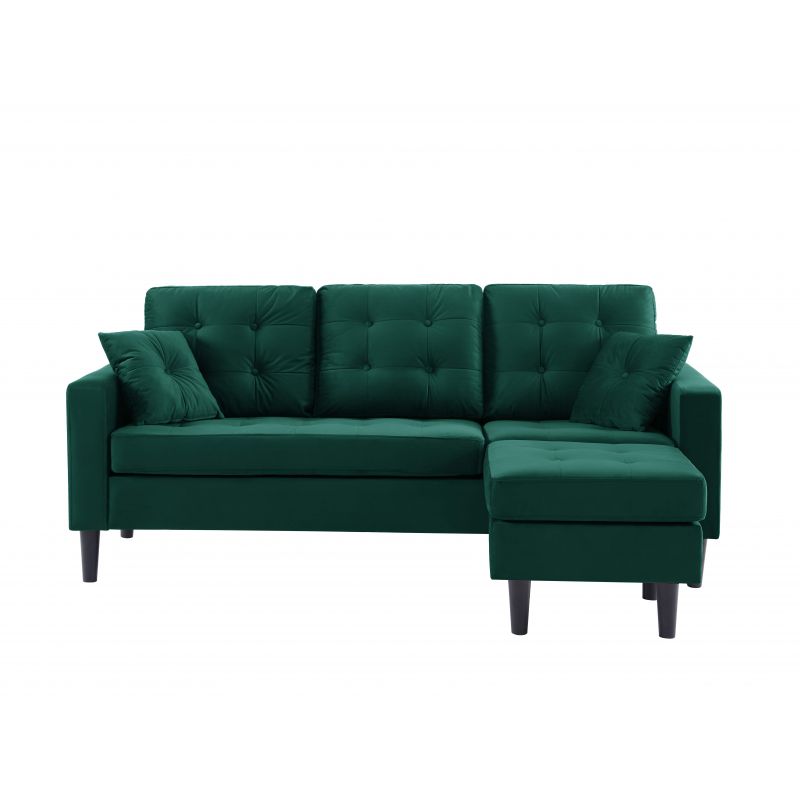 Canapé D'angle MIRISA Velours Vert - 3 places Pieds Bois 2 coussins inclus