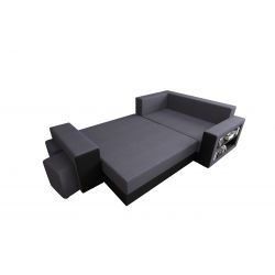Canapé d'angle HYGGE XL PU noir tissu anthracite convertible 5 places