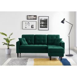 Canapé D'angle MIRISA Velours Vert - 3 places Pieds Bois 2 coussins inclus