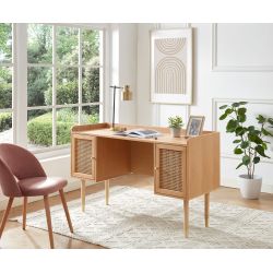 Bureau LEON - bois et cannage naturel - 2 portes - L130cm