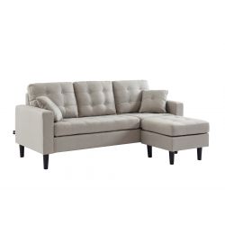 Canapé D'angle MIRISA Tissu Beige - 3 places Pieds Bois 2 coussins inclus