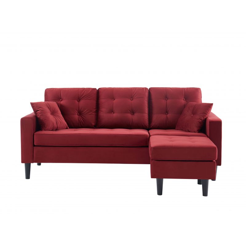 Canapé D'angle MIRISA Velours Grenat - 3 places Pieds Bois 2 coussins inclus