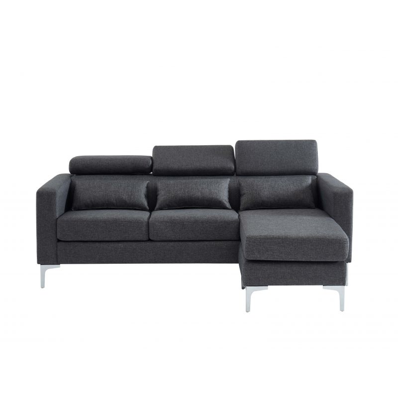 Canapé D'angle MIRISA XL Tissu gris - 6 places Pieds métal 3 coussins inclus