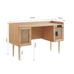 Bureau LEON - bois et cannage naturel - 2 portes - L130cm