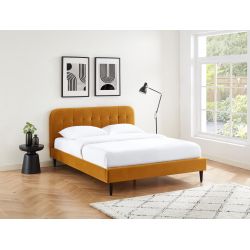 Lit double ANDRE velours jaune moutarde sommier 160x200 cm inclus