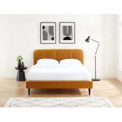 Lit double ANDRE velours jaune moutarde sommier 160x200 cm inclus