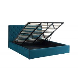 Lit coffre HUBERT velours bleu paon sommier 180x200cm inclus