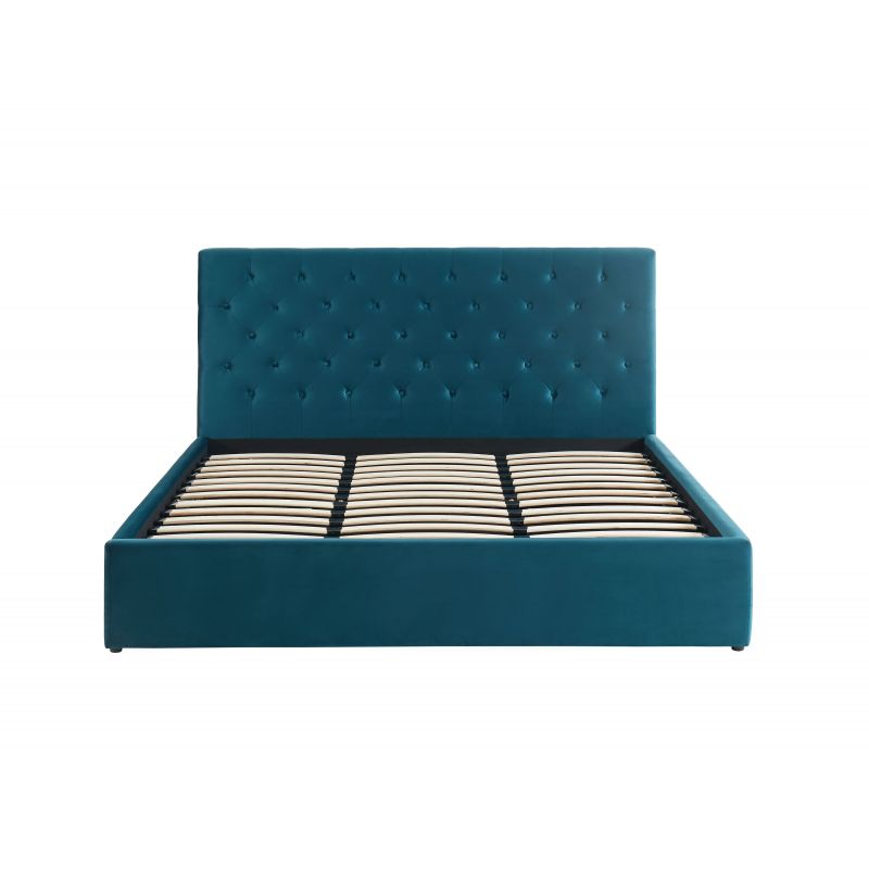 Lit coffre HUBERT velours bleu paon sommier 180x200cm inclus