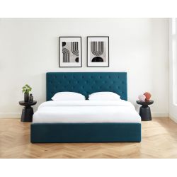 Lit coffre HUBERT velours bleu paon sommier 180x200cm inclus