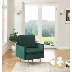 Fauteuil ADAM en velours vert foncé avec pieds en métal doré