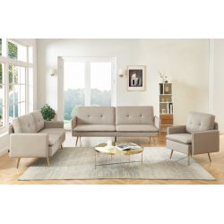 Fauteuil ADAM en tissu grège pied en métal doré