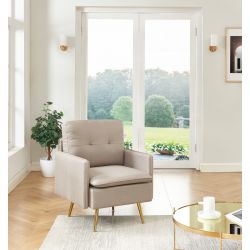 Fauteuil ADAM en tissu grège pied en métal doré