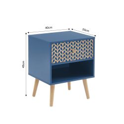 Table de chevet CAPUCINEbleu pétrole et effet bois 1 tiroir