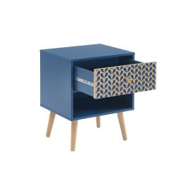 Table de chevet CAPUCINEbleu pétrole et effet bois 1 tiroir