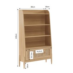 Bibliothèque PABLO cannage rotin et effet chêne 3 étagères