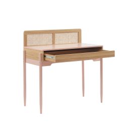 Bureau PABLO rose et cannage rotin 1 tiroir