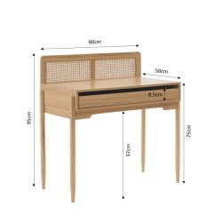 Bureau PABLO cannage rotin et effet bois 1 tiroir