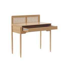 Bureau PABLO cannage rotin et effet bois 1 tiroir