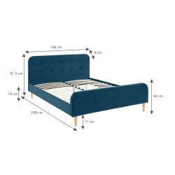 Lit double LOLA tissu bleu canard 140x190 sommier inclus