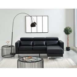 Canapé d'angle MIRISA XL en PU noir et pieds en métal 6 places et 3 coussins inclus