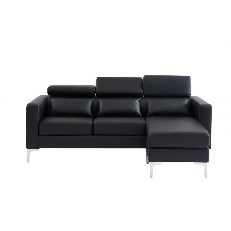 Canapé d'angle MIRISA XL en PU noir et pieds en métal 6 places et 3 coussins inclus