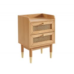 Table de chevet LEON placage chêne et cannage rotin 2 tiroirs 