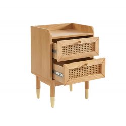 Table de chevet LEON placage chêne et cannage rotin 2 tiroirs 