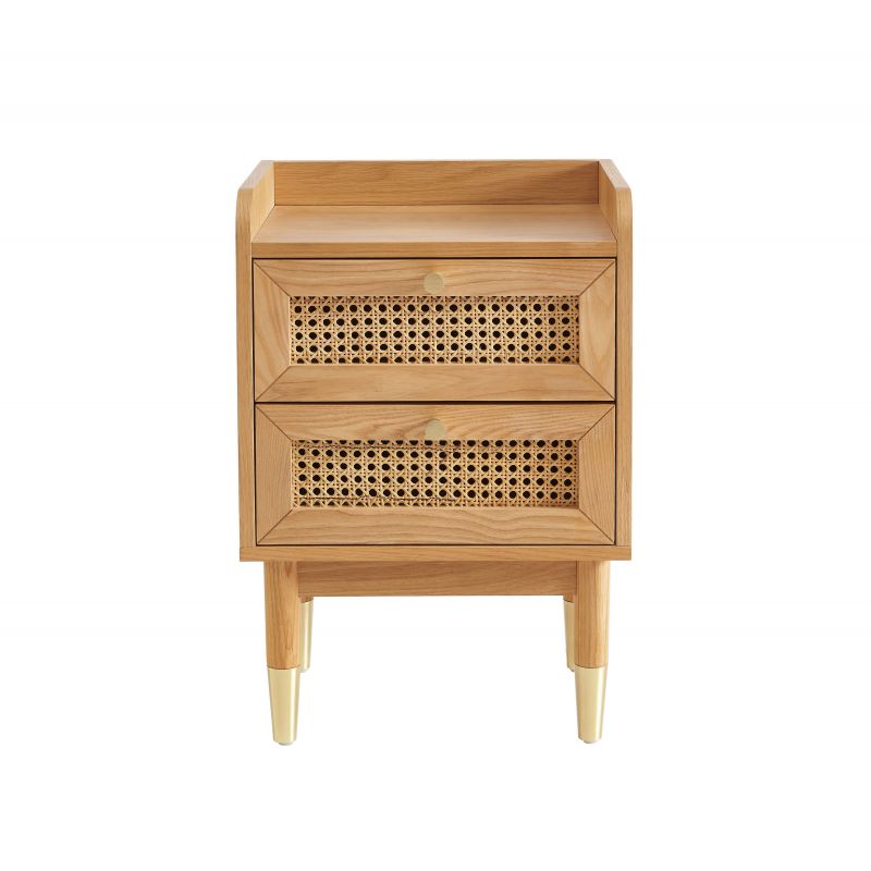 Table de chevet LEON placage chêne et cannage rotin 2 tiroirs 