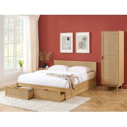 Lit à tiroirs AMANA cannage rotin 140x190 sommier inclus