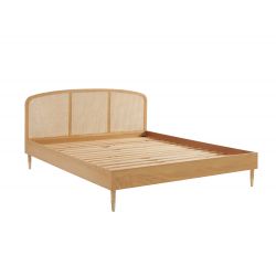 Lit double LEON placage chêne et cannage rotin 140x190 sommier inclus
