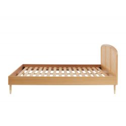 Lit double LEON placage chêne et cannage rotin 140x190 sommier inclus